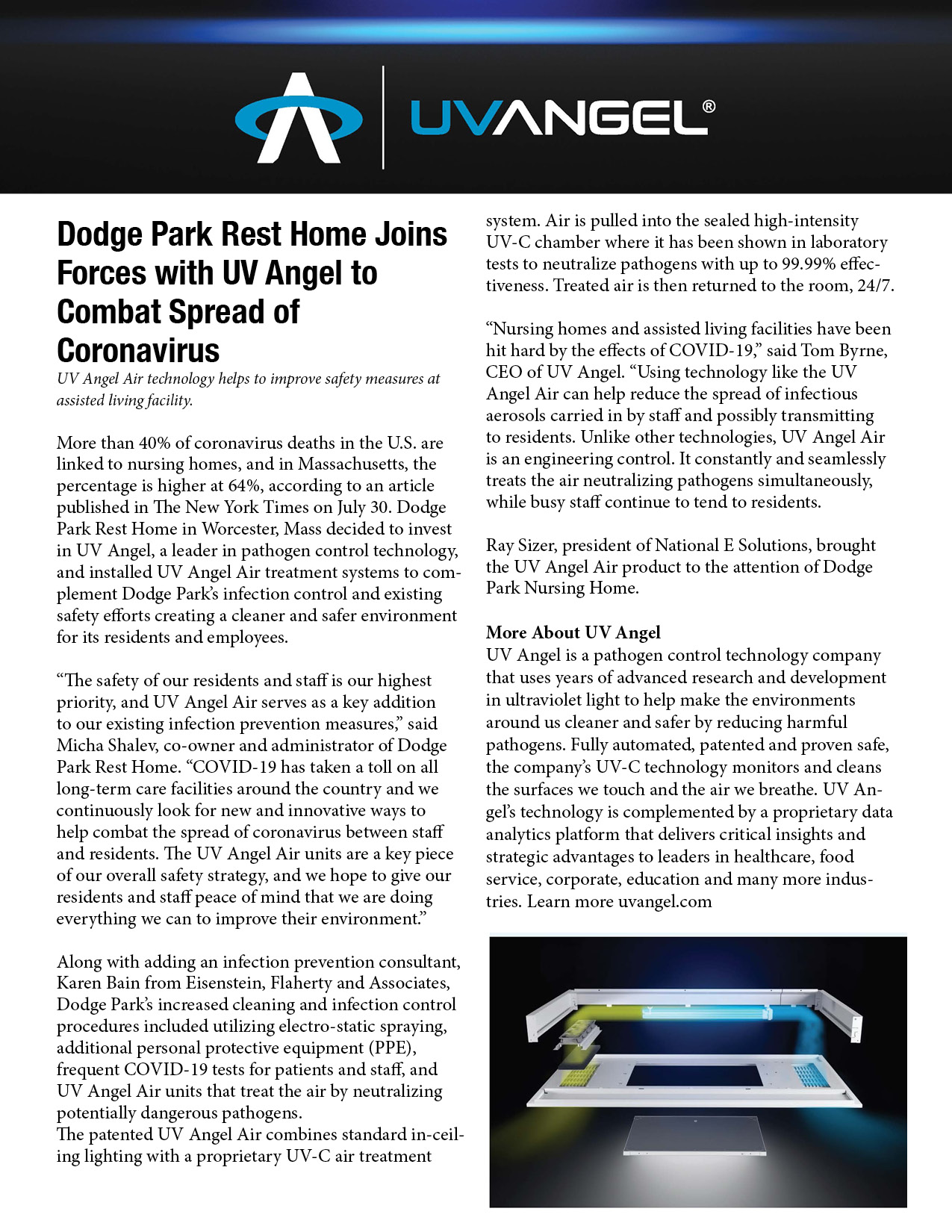 Dodge Park Rest Home Joins 
Forces with UV Angel to 

Combat Spread of 

Coronavirus

UV Angel Air technology helps to improve safety measures at 
assisted living facility.

More than 40% of coronavirus deaths in the U.S. are 
linked to nursing homes, and in Massachusetts, the 
percentage is higher at 64%, according to an article 
published in The New York Times on July 30. Dodge 
Park Rest Home in Worcester, Mass decided to invest 
in UV Angel, a leader in pathogen control technology, 
and installed UV Angel Air treatment systems to complement 
Dodge Park’s infection control and existing 
safety efforts creating a cleaner and safer environment 
for its residents and employees.

“The safety of our residents and staff is our highest 
priority, and UV Angel Air serves as a key addition 
to our existing infection prevention measures,” said 
Micha Shalev, co-owner and administrator of Dodge 
Park Rest Home. “COVID-19 has taken a toll on all 
long-term care facilities around the country and we 
continuously look for new and innovative ways to 
help combat the spread of coronavirus between staff 
and residents. The UV Angel Air units are a key piece 
of our overall safety strategy, and we hope to give our 
residents and staff peace of mind that we are doing 
everything we can to improve their environment.”

Along with adding an infection prevention consultant, 
Karen Bain from Eisenstein, Flaherty and Associates,

Dodge Park’s increased cleaning and infection control 
procedures included utilizing electro-static spraying,

additional personal protective equipment (PPE), 
frequent COVID-19 tests for patients and staff, and 
UV Angel Air units that treat the air by neutralizing 
potentially dangerous pathogens.

The patented UV Angel Air combines standard in-ceiling 
lighting with a proprietary UV-C air treatment

system. Air is pulled into the sealed high-intensity 
UV-C chamber where it has been shown in laboratory 
tests to neutralize pathogens with up to 99.99% effectiveness. 
Treated air is then returned to the room, 24/7.

“Nursing homes and assisted living facilities have been 
hit hard by the effects of COVID-19,” said Tom Byrne,

CEO of UV Angel. “Using technology like the UV 
Angel Air can help reduce the spread of infectious 
aerosols carried in by staff and possibly transmitting 
to residents. Unlike other technologies, UV Angel Air 
is an engineering control. It constantly and seamlessly 
treats the air neutralizing pathogens simultaneously, 
while busy staff continue to tend to residents.

Ray Sizer, president of National E Solutions, brought 
the UV Angel Air product to the attention of Dodge 
Park Nursing Home.

More About UV Angel

UV Angel is a pathogen control technology company 
that uses years of advanced research and development

in ultraviolet light to help make the environments 
around us cleaner and safer by reducing harmful

pathogens. Fully automated, patented and proven safe, 
the company’s UV-C technology monitors and cleans

the surfaces we touch and the air we breathe. UV Angel’s 
technology is complemented by a proprietary data

analytics platform that delivers critical insights and 
strategic advantages to leaders in healthcare, food

service, corporate, education and many more industries. 
Learn more uvangel.com



